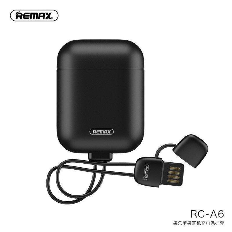 REMAX RC-A6 Silikona maciņš priekš AirPods 1/2 austiņām + kabelis/āķis USB - Lightning (melns) цена и информация | Austiņu piederumi | 220.lv
