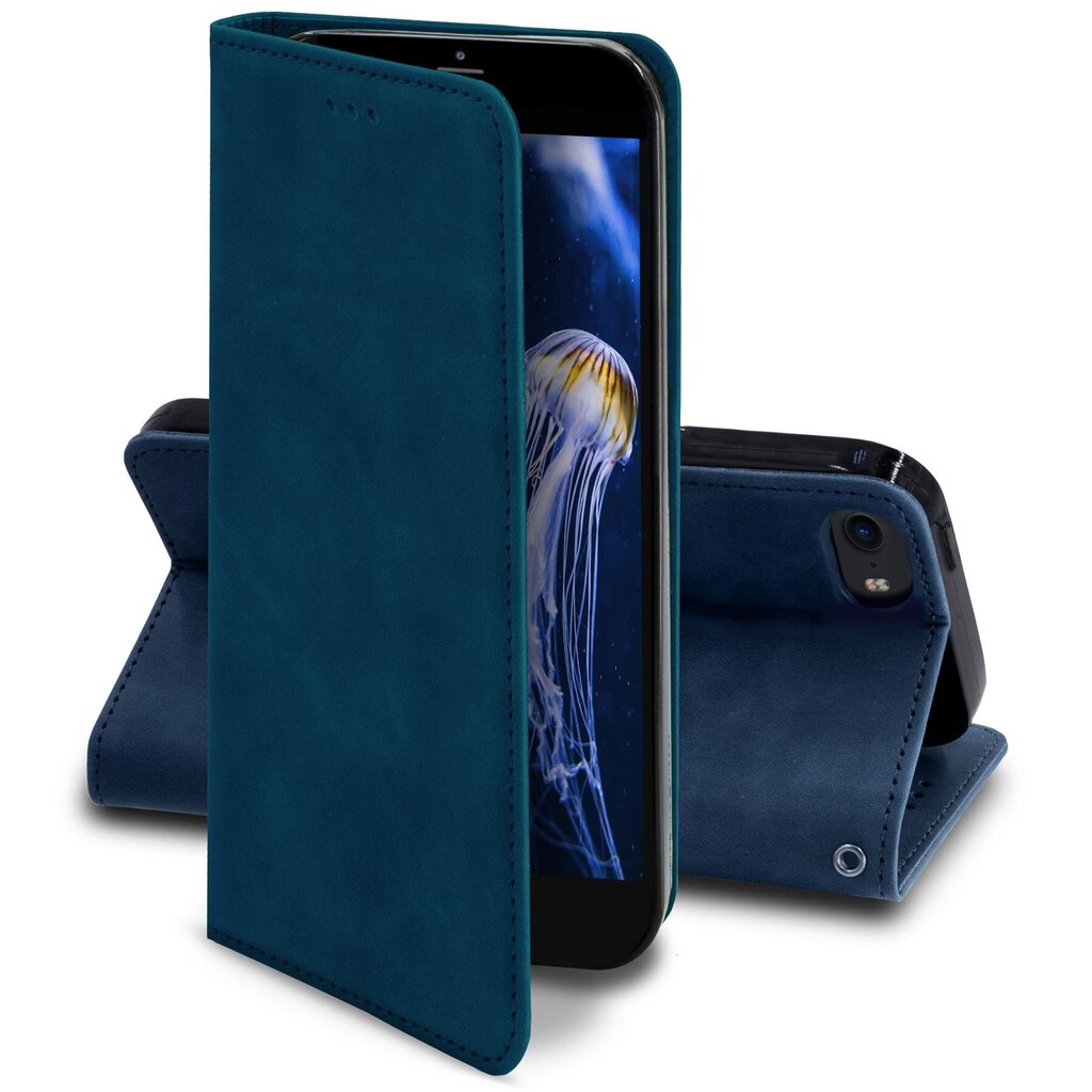 Moozy Marmora zils atveramais vāciņš telefonam iPhone SE 2020, iPhone 8, iPhone 7 – Magnētisks, atverams retro dizaina vāciņš-maks ar karšu turētāju un statīvu цена и информация | Telefonu vāciņi, maciņi | 220.lv