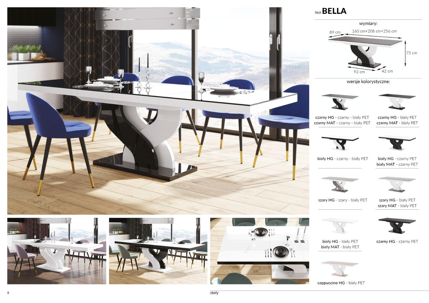 Bīdāmais galds Bella Czarny mat Bialy Polysk cena un informācija | Virtuves galdi, ēdamgaldi | 220.lv