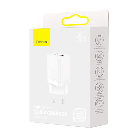 Baseus Super Si Pro Quick Charger USB + USB-C 30W (white) цена и информация | Lādētāji un adapteri | 220.lv