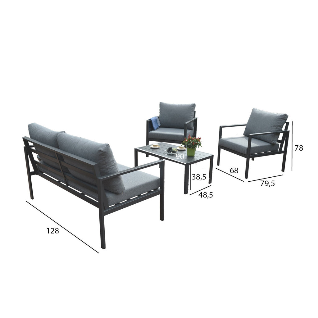 Dārza mēbeļu komplekts ADRIO galds, dīvāns un 2 krēsli, tumši pelēks cena un informācija | Dārza mēbeļu komplekti | 220.lv
