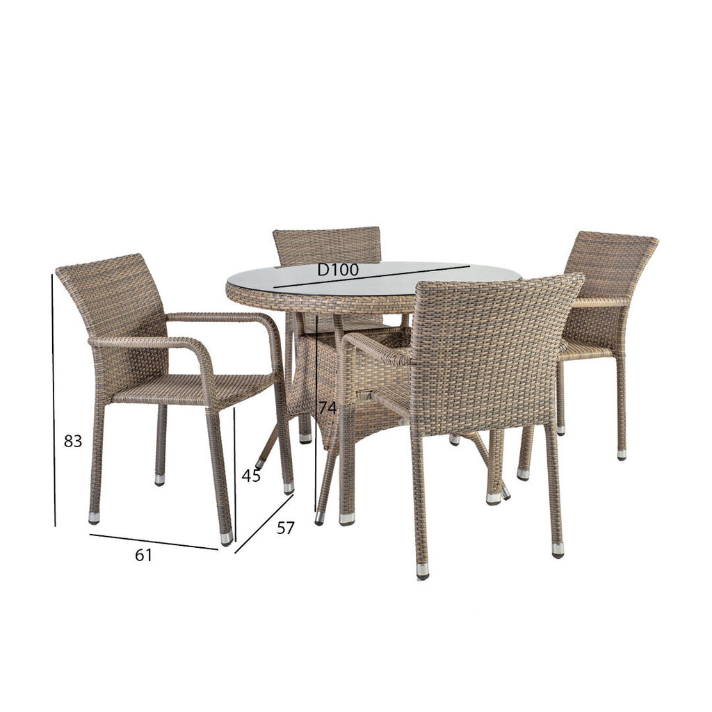 Dārza mēbeļu komplekts LARACHE galds un 4 krēsli (2102) galda plate: caurspīdīgs stikls, alumīnija rāmis ar plastmasas pinumu цена и информация | Dārza mēbeļu komplekti | 220.lv