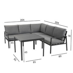 Dārza mēbeļu komplekts ADRIAN galds un stūra dīvāns, tumši pelēks alumīnija rāmis, pelēki spilveni cena un informācija | Dārza mēbeļu komplekti | 220.lv