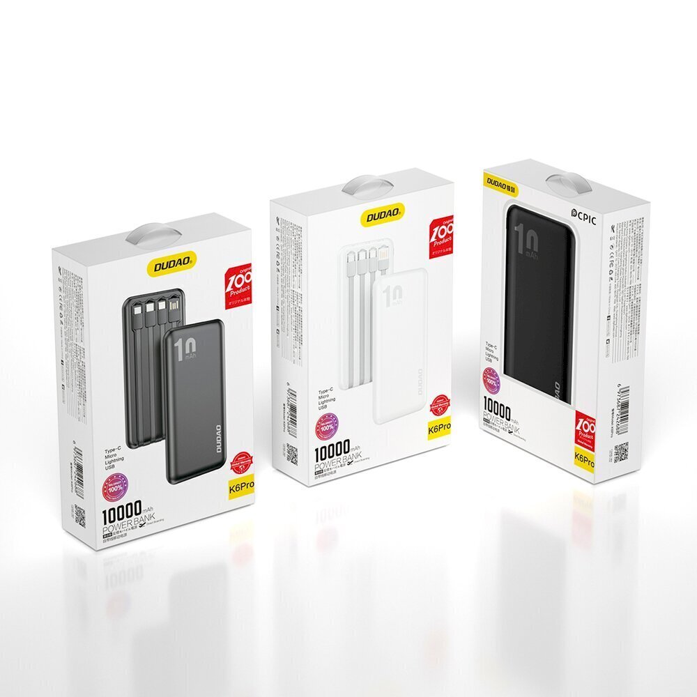 Dudao K6Pro Universal 10000mAh Power Bank with USB Cable, USB Type C, Lightning white (K6Pro-white) цена и информация | Lādētāji-akumulatori (Power bank) | 220.lv