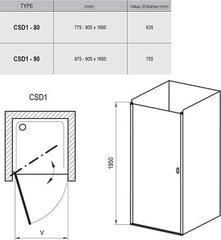 Душевая дверь Хром CSD1, Ravak, Размеры: 80 Стекло: Прозрачное цена и информация | Душевые двери и стены | 220.lv