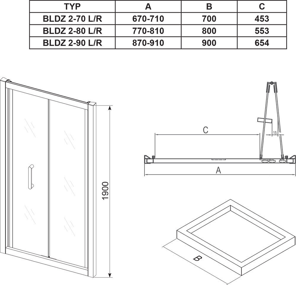 Dušas durvis Blix BLDZ2, Ravak, izmērs: 90 Stikls: Caurspīdīga cena un informācija | Dušas durvis, dušas sienas | 220.lv