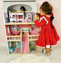 Большой деревянный 3-этажный кукольный домик с террасой, набором мебели и светодиодным освещением! цена и информация | Игрушки для девочек | 220.lv