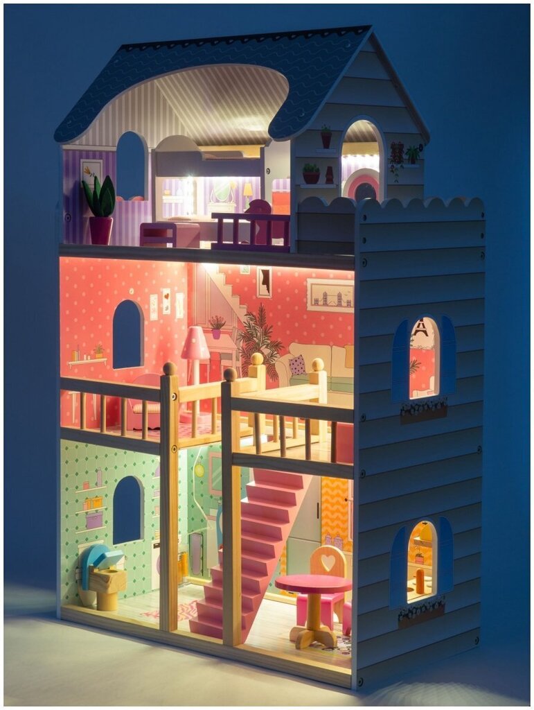 Liela koka 3 stāvu leļļu māja ar terasi, mēbeļu komplektu un LED apgaismojumu! цена и информация | Rotaļlietas meitenēm | 220.lv