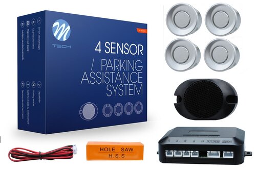 Parkošanās sistēma ar 4 sensoriem ar skaņas signālu M-Tech, sudrabaina cena un informācija | Parkošanas sistēmas | 220.lv
