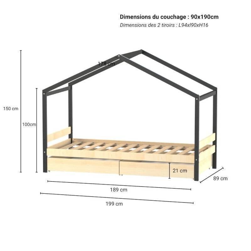 Bērnu gulta Etoile 90x190 cm, melna/koka цена и информация | Bērnu gultas | 220.lv