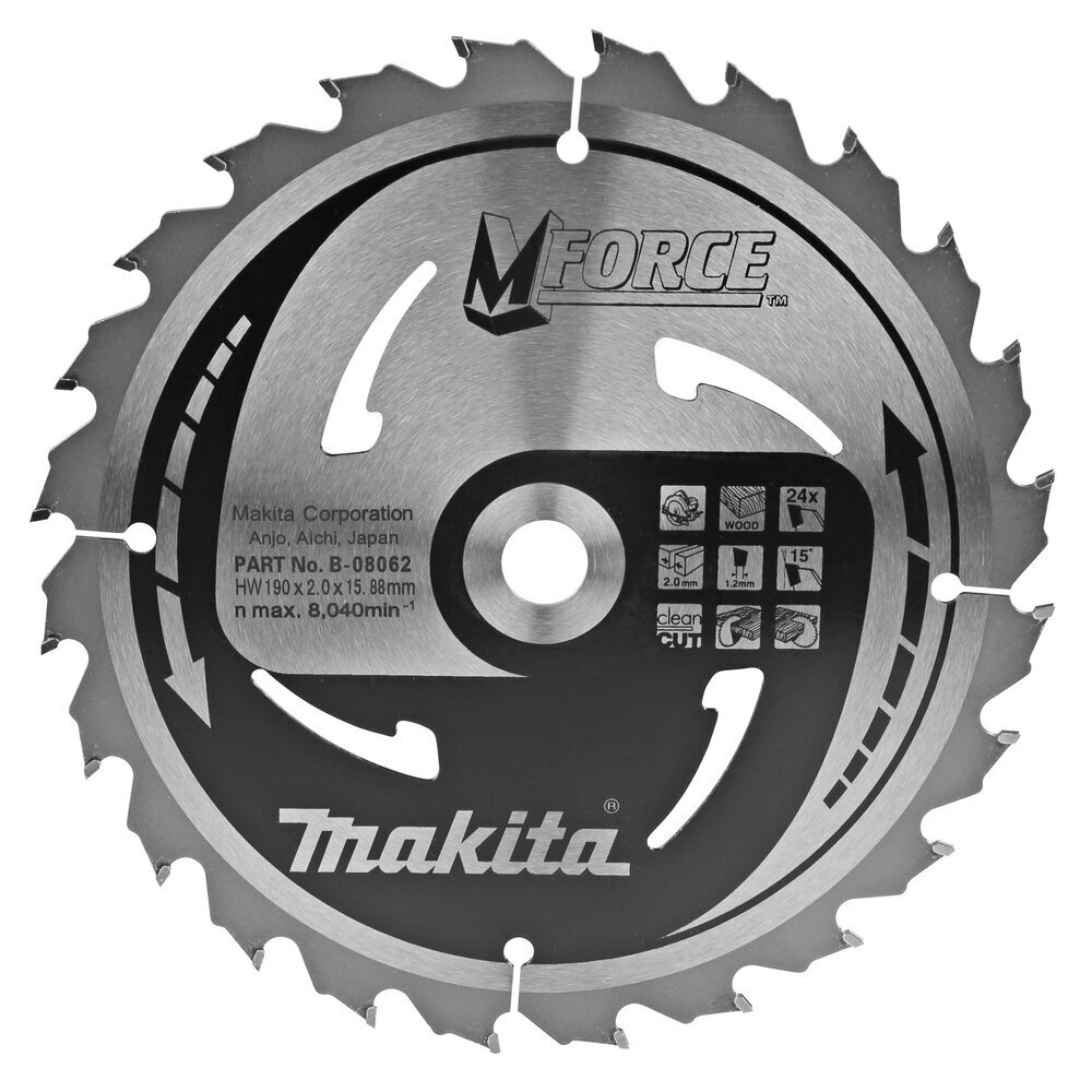 T.C.T. Zāģripa M-FORCE 190X2X15.88mm 15° T24 Makita B-08062 cena un informācija | Rokas instrumenti | 220.lv