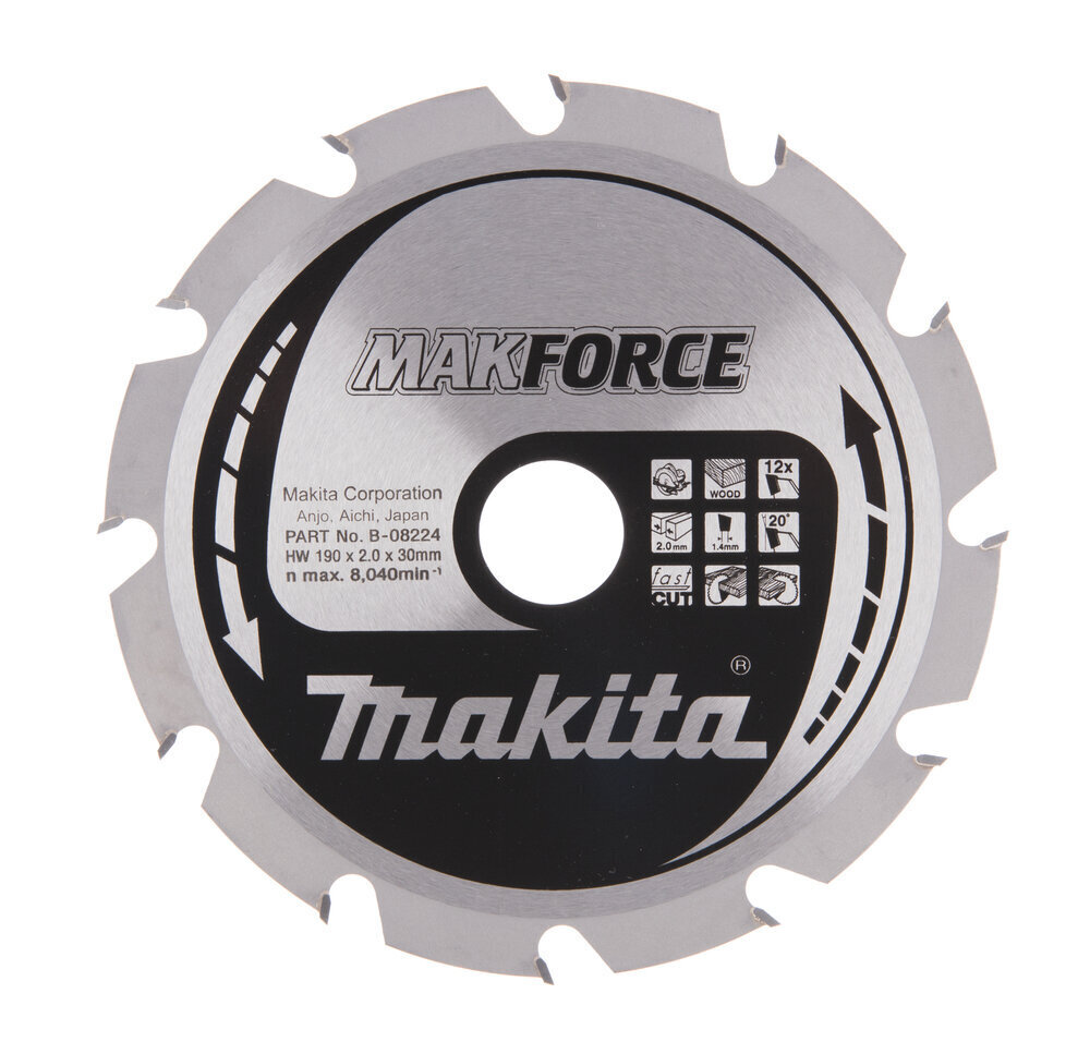 T.C.T. Zāģripa MAKFORCE 190X2X30mm 20° T12 Makita B-08224 cena un informācija | Rokas instrumenti | 220.lv