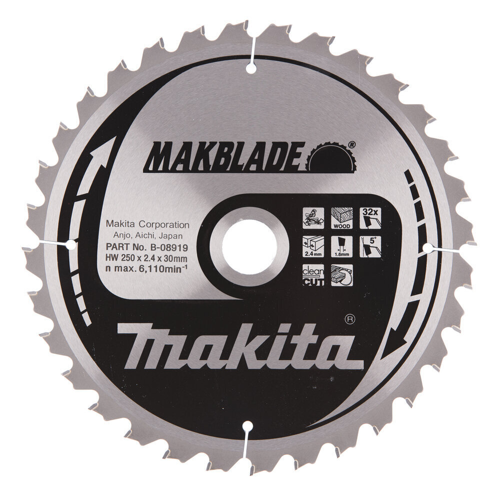 T.C.T. Zāģripa MAKBLADE 250X2.4X30mm 5° T32 Makita B-08919 cena un informācija | Rokas instrumenti | 220.lv