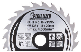 Пильный специализированный диск Makita B-21995 TCT, 136х1.5х20 мм, 20°, T24 цена и информация | Механические инструменты | 220.lv