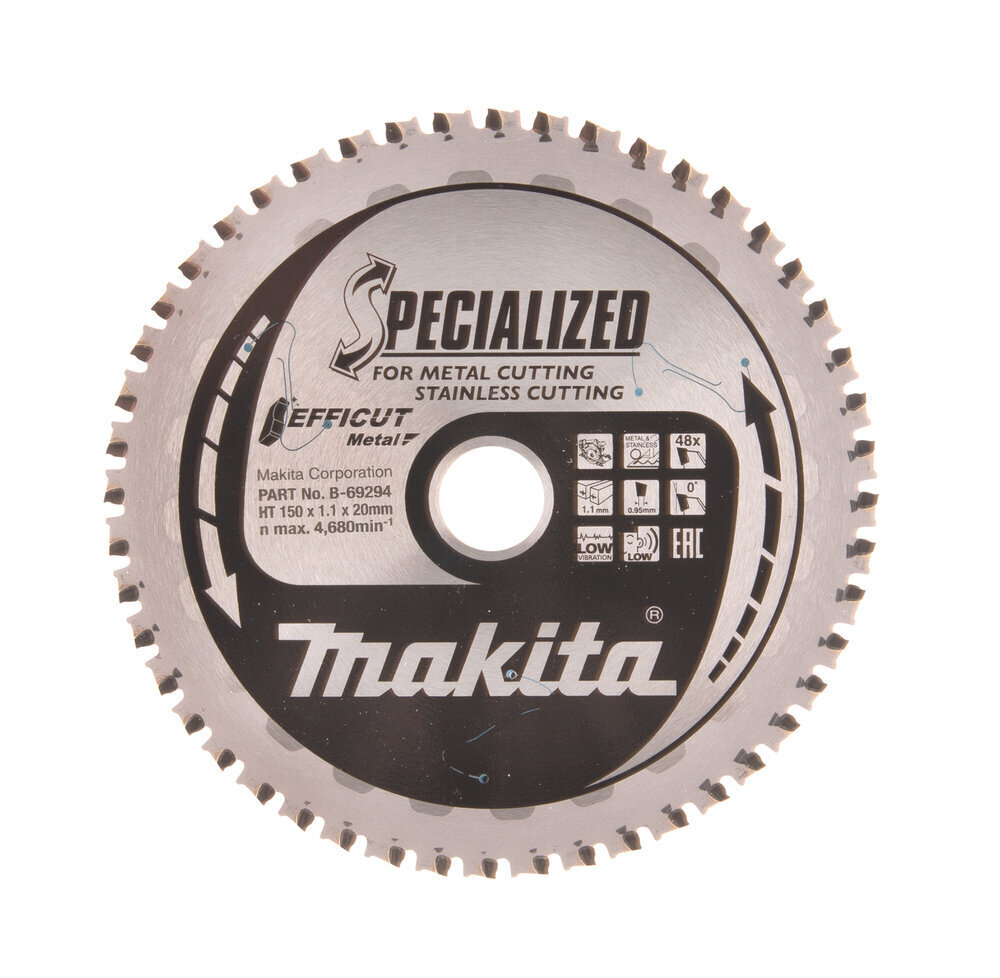 B-69294 T.C.T. Zāģripa EFFICUT METAL 150X1.1X20mm 0° T48 Makita цена и информация | Rokas instrumenti | 220.lv