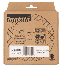 B-51932 Slīpripa 150x16x12,7mm GC(silikona karbīds) K120 (Cu,Ni,Ms,Zn) Makita cena un informācija | Rokas instrumenti | 220.lv