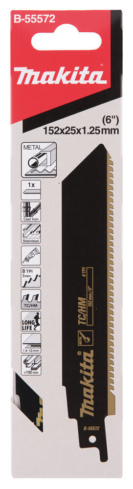 B-55572 Zobenzāģa asmeņi TC/HM 152x1,25mm (8tpi) 1gab.,Metāls Makita cena un informācija | Rokas instrumenti | 220.lv