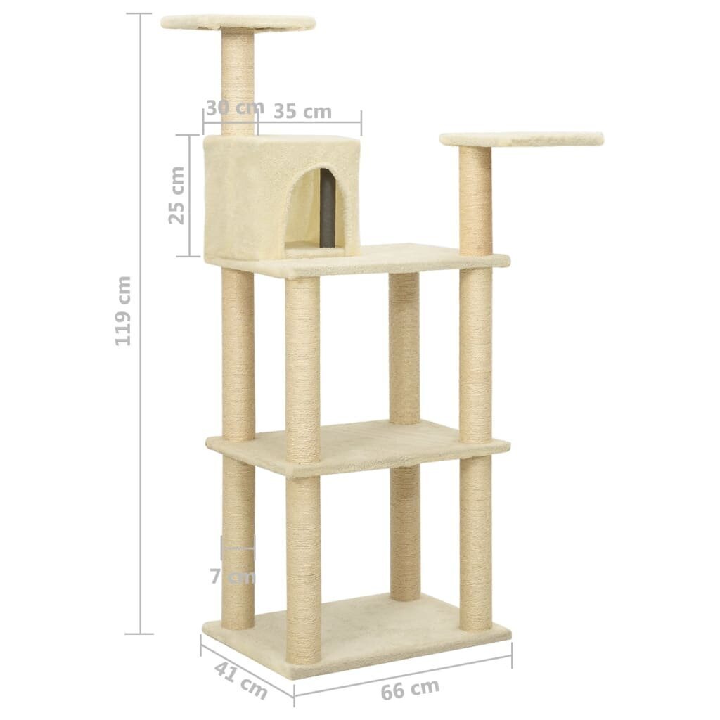 vidaXL kaķu māja ar sizala stabiem nagu skrāpēšanai, krēmkrāsas krāsā, 119cm cena un informācija | Kaķu mājas, nagu asināmie | 220.lv