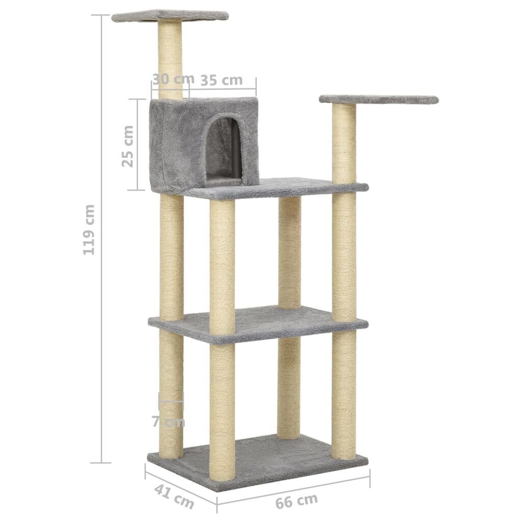 vidaXL kaķu māja ar sizala stabiem nagu skrāpēšanai, gaiši pelēka, 119cm цена и информация | Kaķu mājas, nagu asināmie | 220.lv