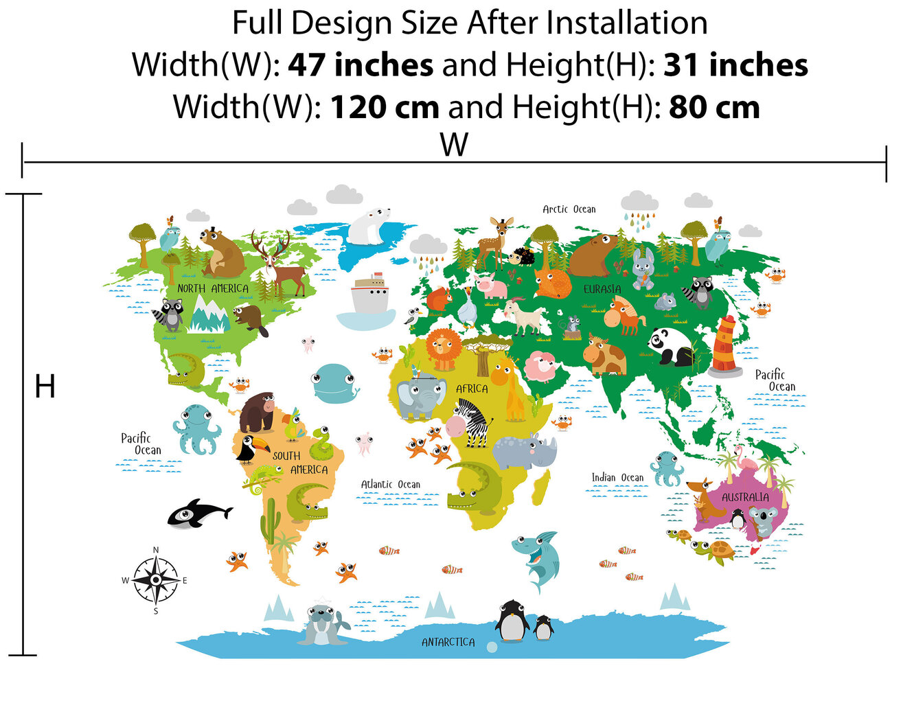 Bērnu pasaules karte sienas uzlīmes veidā - Vinila uzlīmes bērnistabai - 160 x 80 cm cena un informācija | Dekoratīvās uzlīmes | 220.lv