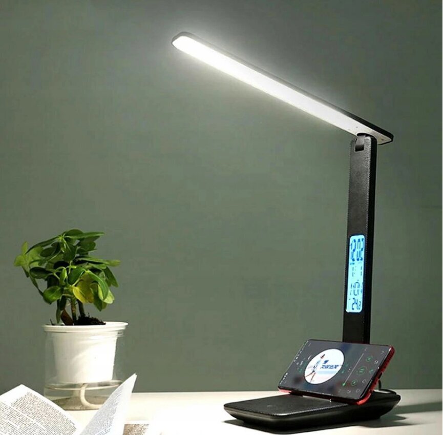 LED galda lampa ar meteoroloģisko staciju un modinātāju, melna cena un informācija | Galda lampas | 220.lv