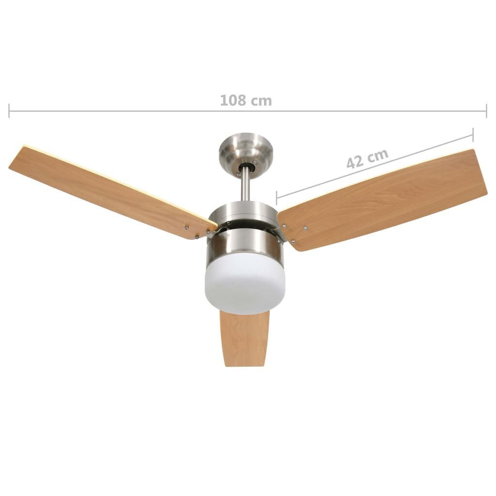 vidaXL griestu ventilators ar lampu un pulti, 108 cm, gaiši brūns cena un informācija | Ventilatori | 220.lv