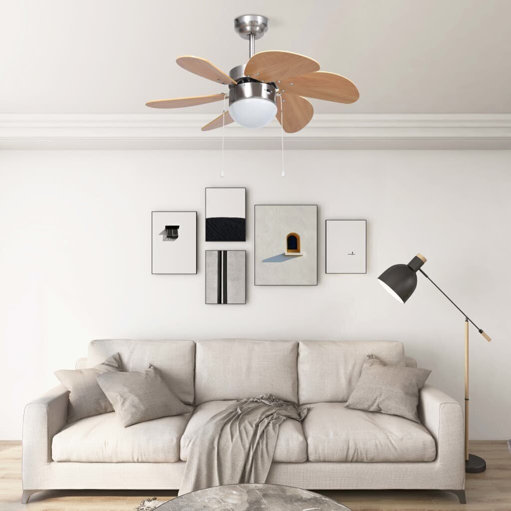vidaXL griestu ventilators ar lampu, 76 cm, gaiši brūns цена и информация | Ventilatori | 220.lv