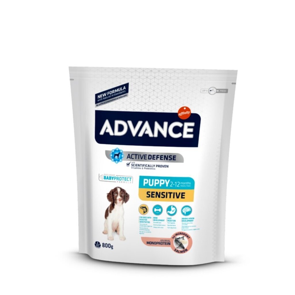 ADVANCE DOG PUPPY SENSITIVE 0,800KG - JUTĪGIEM KUCĒNIEM (LASIS UN RĪSI) cena un informācija | Sausā barība suņiem | 220.lv