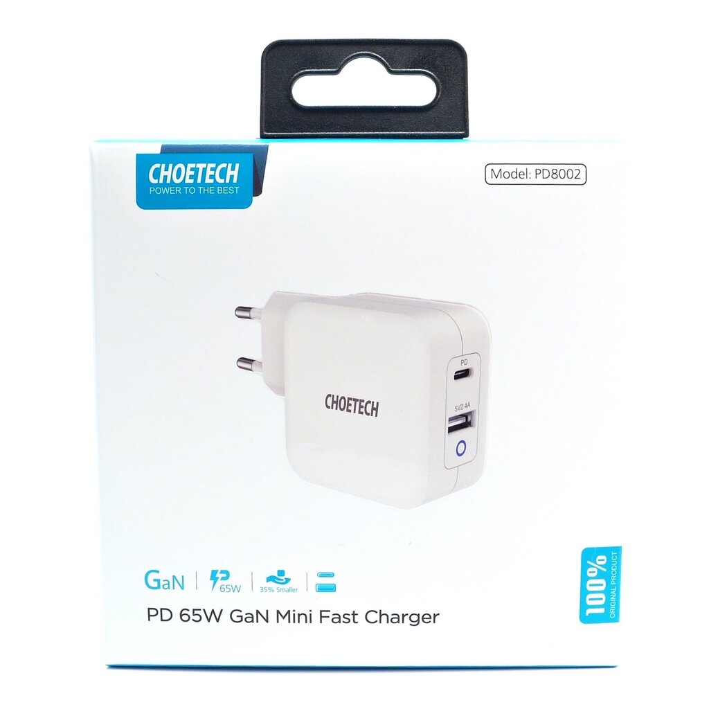 Choetech fast GaN wall charger USB Type C PD USB-A QC3.0 65W 3,25A white (PD8002) цена и информация | Lādētāji un adapteri | 220.lv