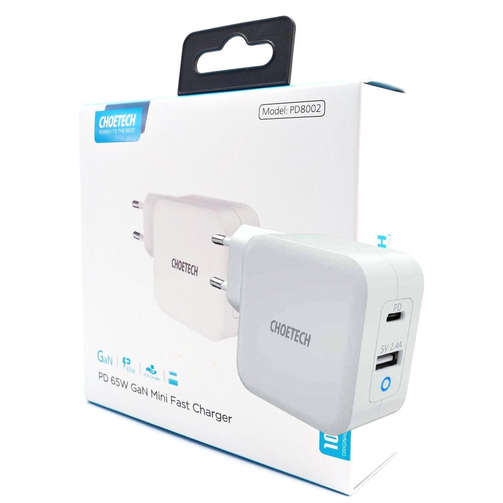 Choetech fast GaN wall charger USB Type C PD USB-A QC3.0 65W 3,25A white (PD8002) cena un informācija | Lādētāji un adapteri | 220.lv