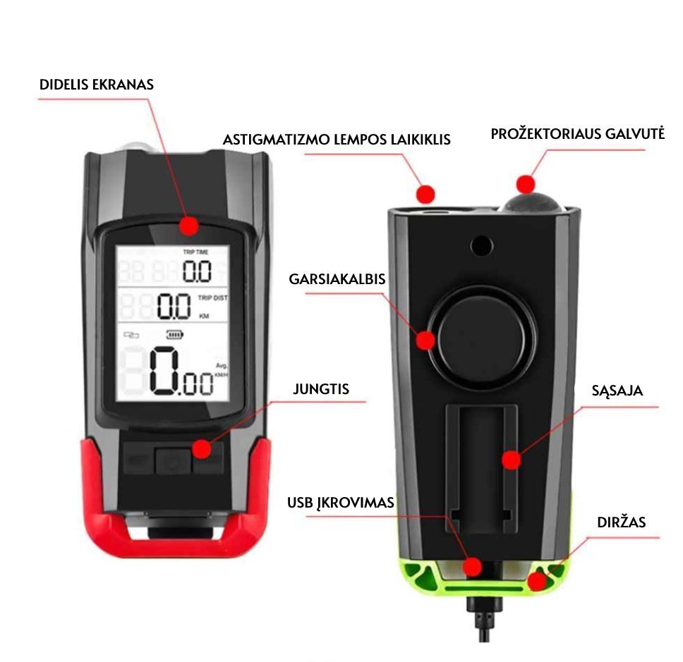 Daudzfunkcionāls velosipēdu dators ar prožektoru cena un informācija | Velodatori, navigācijas | 220.lv