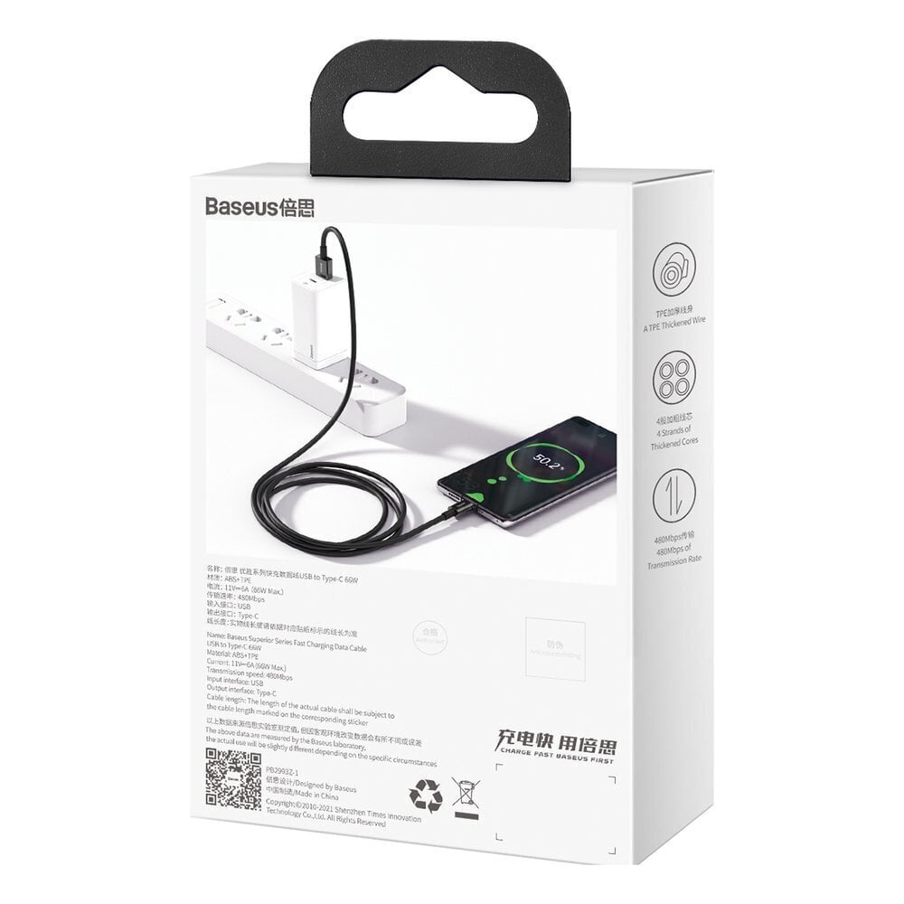 Baseus Superior USB - USB Typ C fast charging data cable 66 W (11 V / 6 A) Huawei SuperCharge SCP 1 m black (CATYS-01) цена и информация | Savienotājkabeļi | 220.lv