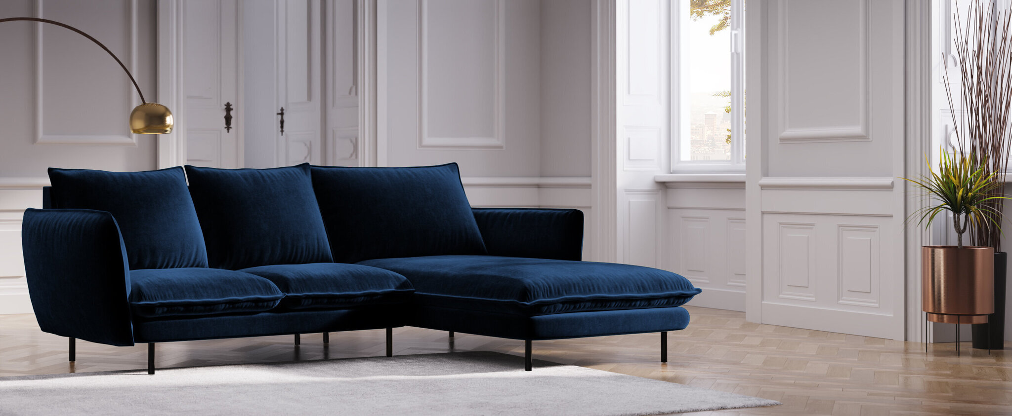Stūra dīvāns Cosmopolitan Design Vienna, velūrs, zils/melns cena un informācija | Stūra dīvāni | 220.lv
