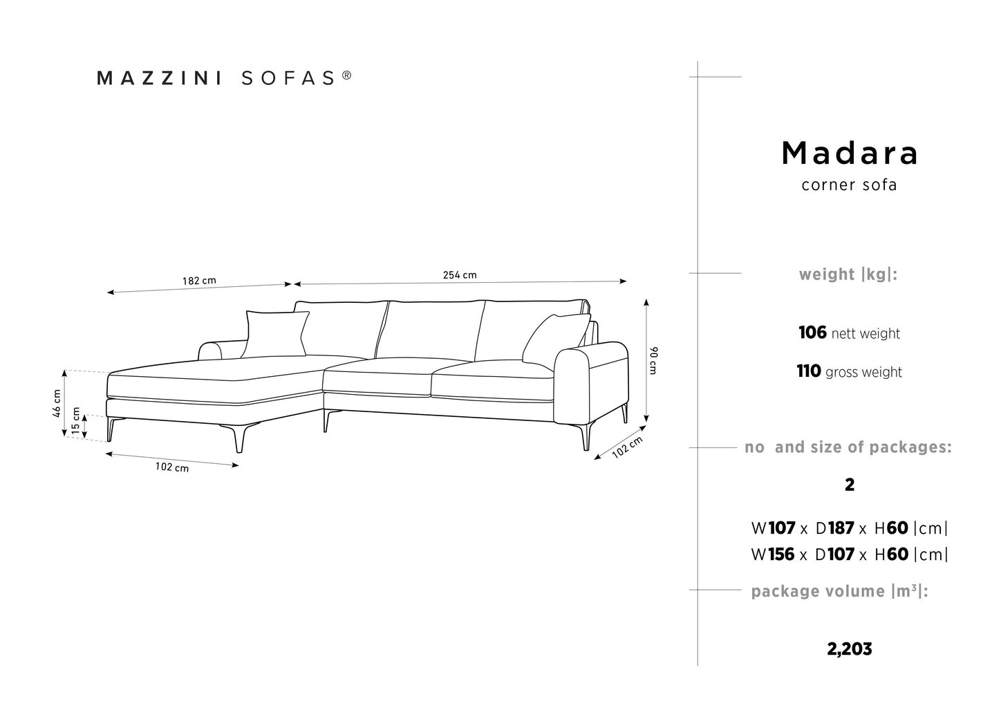 Stūra dīvāns Mazzini Sofas Madara, velūrs, melns цена и информация | Stūra dīvāni | 220.lv