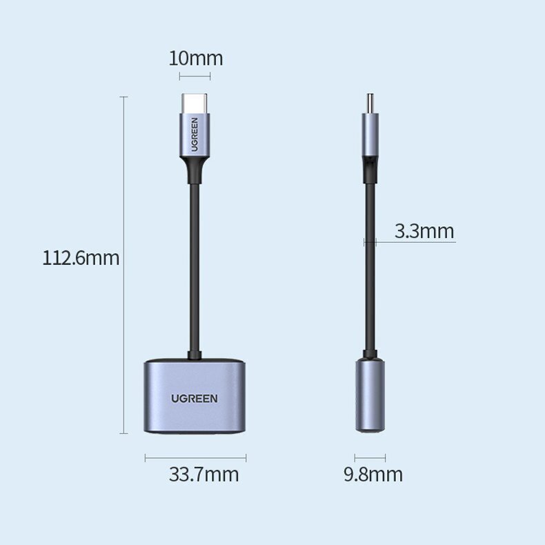 Ugreen audio adapter USB Type C (male) - USB Type C PD QC (female) + 3.5mm mini jack (female) gray (CM231) cena un informācija | Savienotājkabeļi | 220.lv