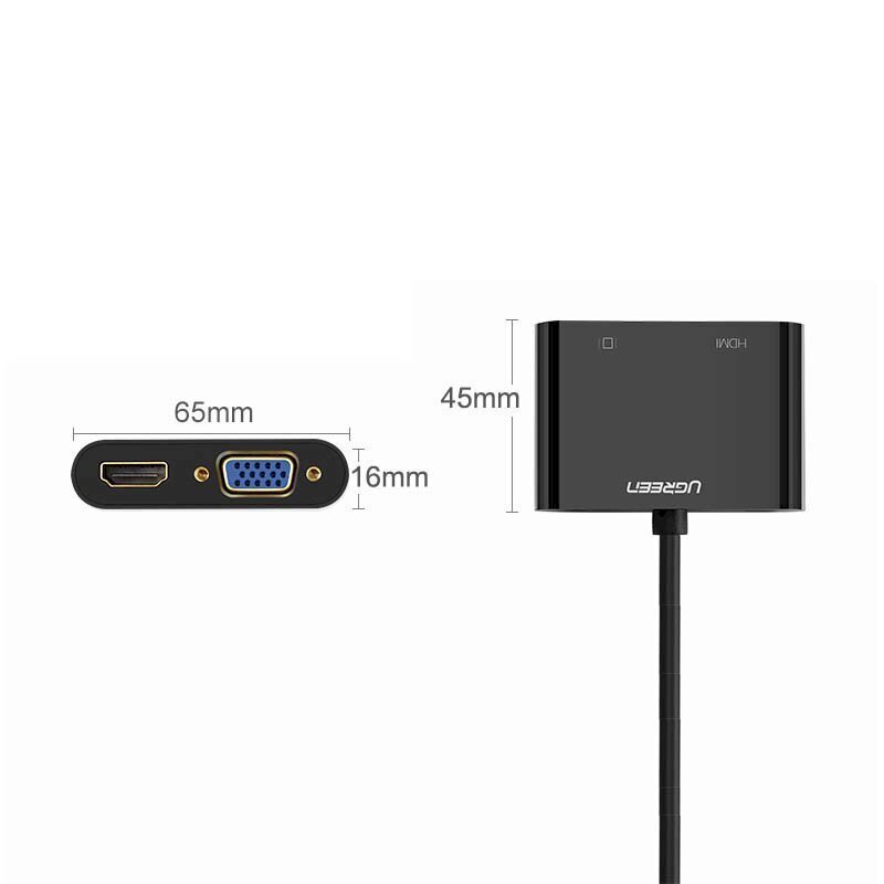 Ugreen mini HDMI (male) - VGA (female) / HDMI (female) + mini jack 3,5mm (female) adapter black (CM101) cena un informācija | Savienotājkabeļi | 220.lv