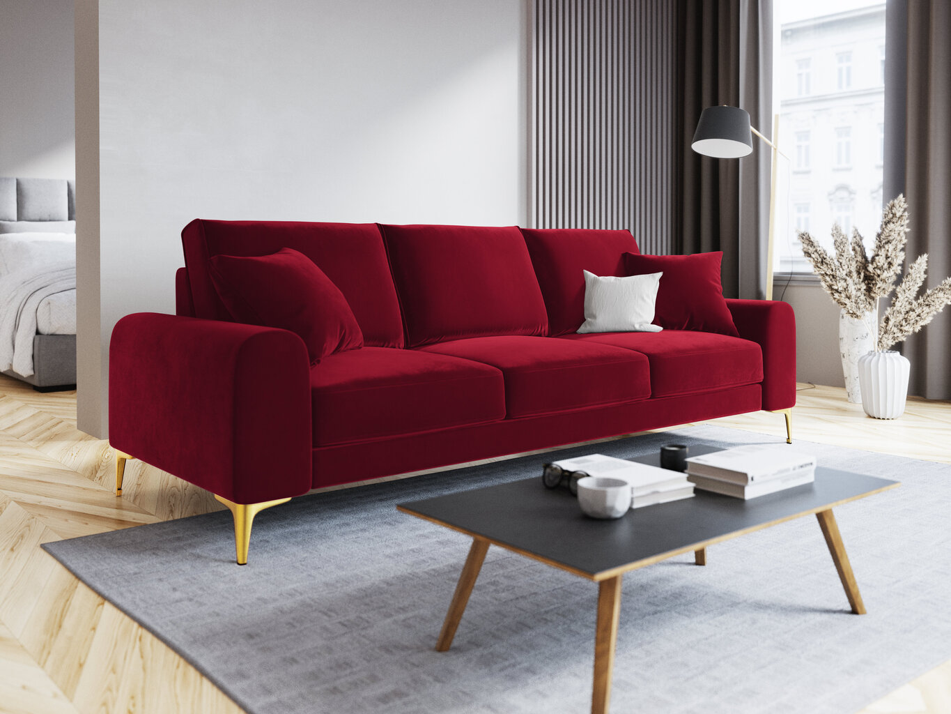 Trīsvietīgs dīvāns Mazzini Sofas Madara, velūrs, sarkans/zeltainas krāsas cena un informācija | Dīvāni | 220.lv