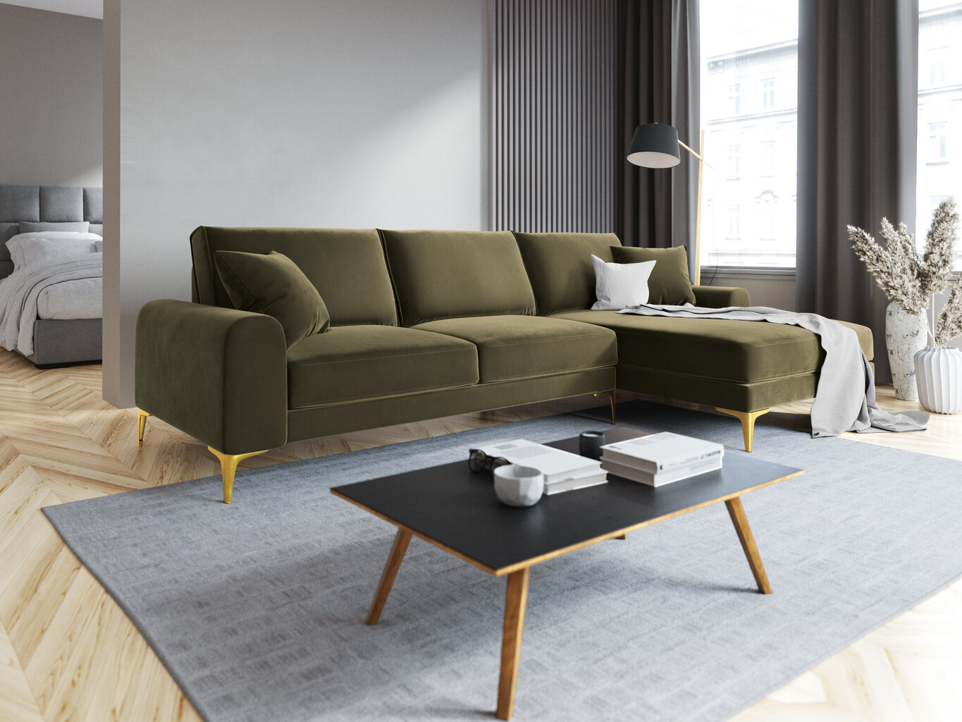 Stūra dīvāns Mazzini Sofas Madara, velūrs, zaļš/zeltainas krāsas cena un informācija | Stūra dīvāni | 220.lv