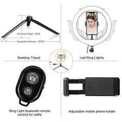 10-дюймовый светодиодный кольцевой фонарь со штативом, Bluetooth-фонарик для телефона цена и информация | Осветительное оборудование для фотосъемок | 220.lv