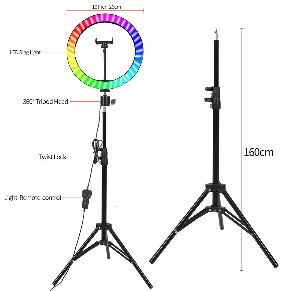 ZOMEI 10 collu RGB LED gredzenveida spuldze, autonoms gaismas gredzens. cena un informācija | Apgaismojums fotografēšanai | 220.lv
