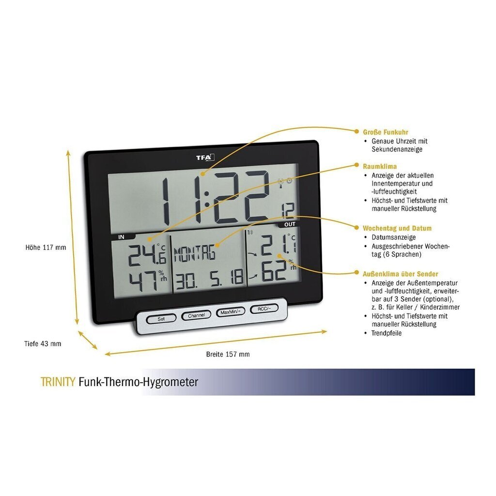 Bezvadu termometrs-higrometrs ar bezvadu staciju TFA TRINITY cena un informācija | Meteostacijas, āra termometri | 220.lv