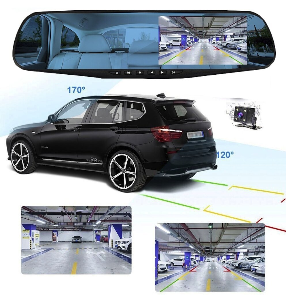 Mašīnas spogulis ar ekrānu, videoreģistrators ar priekšējo un aizmugurējo kameru Full HD цена и информация | Auto video reģistratori | 220.lv