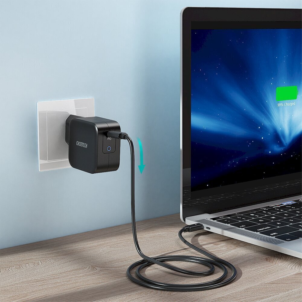 Lādētājs Choetech travel wall charger GaN USB Type C 60W Power Delivery + USB Type C - USB Type C cable 1,8m (Q6006) cena un informācija | Lādētāji un adapteri | 220.lv