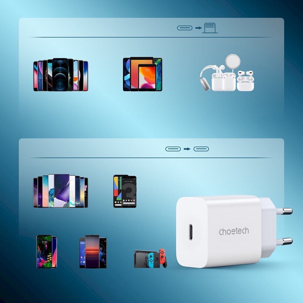 Lādētājs Choetech USB travel wall charger Type C 20W Power Delivery + USB Cable Type C - Lightning 1.2m (PD5005) cena un informācija | Lādētāji un adapteri | 220.lv