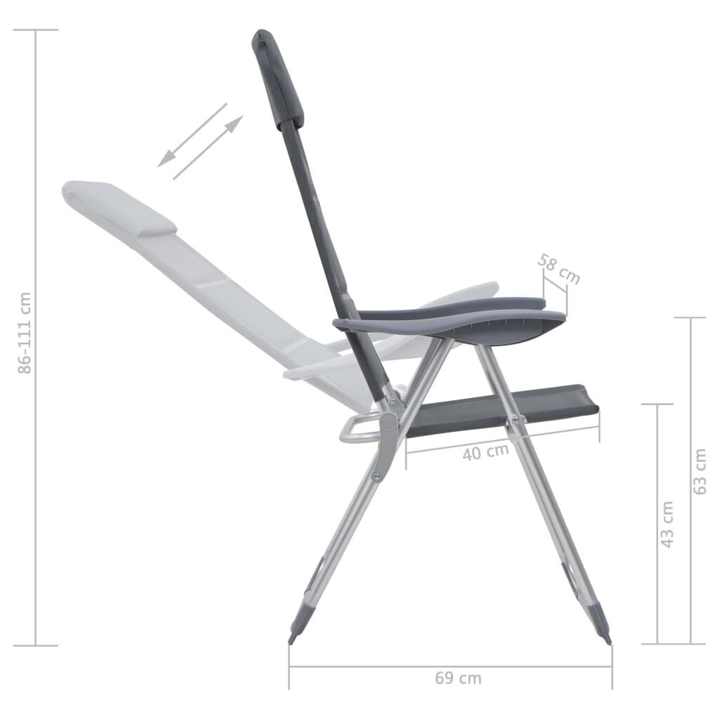 vidaXL kempinga krēsli, 2 gab., pelēki, 58x69x111 cm, alumīnijs цена и информация |  Tūrisma mēbeles | 220.lv