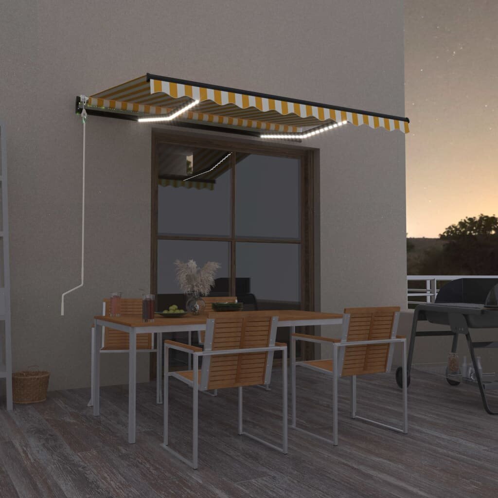 vidaXL markīze ar LED un vēja sensoru, 350x250 cm, dzeltenbalta cena un informācija | Saulessargi, markīzes un statīvi | 220.lv