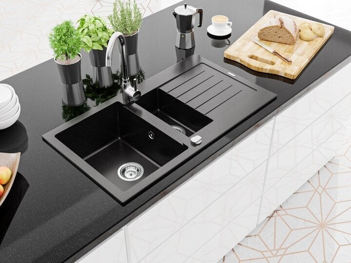 Granīta virtuves izlietne Mexen Matias ar jaucējkrānu un sifonu, Black+Chrome cena un informācija | Virtuves izlietnes | 220.lv
