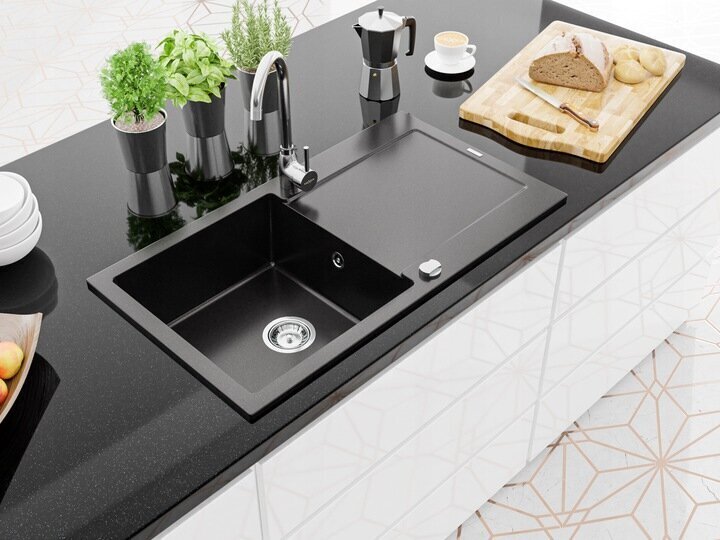 Granīta virtuves izlietne Mexen Leo ar jaucējkrānu un sifonu, Black+Chrome цена и информация | Virtuves izlietnes | 220.lv