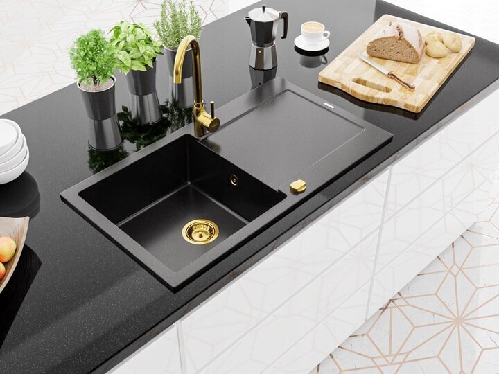 Granīta virtuves izlietne Mexen Leo ar jaucējkrānu un sifonu, Black+Gold cena un informācija | Virtuves izlietnes | 220.lv