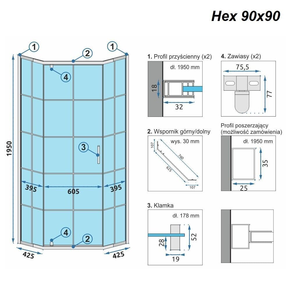 Dušas kabīne REA Hex Black, 80x80, 90x90 cm cena un informācija | Dušas kabīnes | 220.lv